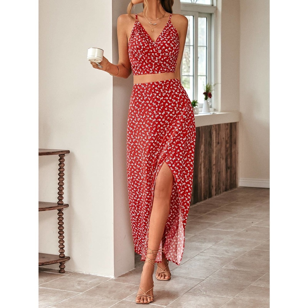 ❗️2 piece skirt set: boho Floral Print Cami Top & Split Thigh maxi Skirt - Picture 3 of 8